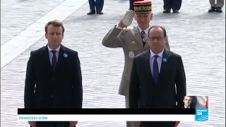 France François Hollande guides presidentelect Emmanuel Macron through VE Day ceremony [upl. by Rolyt750]