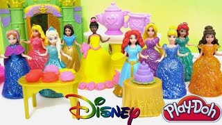 Disney Princess MagiCip Tiana Royal Party Palace Tee Party with 10 Princesses and Play Doh Makeover [upl. by Annawd]