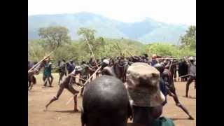 South Ethiopia  Upper Omo Valley  Suri tribe aka Surma tribal Donga Stick Fighting Ceremony [upl. by Ennadroj]