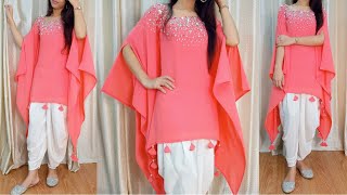 Kaftan cutting and stitching  high low dress cutting and stitching  latest kurti design hand work [upl. by Sirahc264]