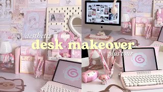 Desk makeover aesthetic 🍥 Pinterest pink coquette anime and kpop inspired  desk tour 🎀 [upl. by Aenitsirhc]