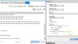 Using StatCrunch to perform hypothesis testing on two matched pair means of acting award ages [upl. by Aranahs]