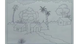 How to draw easy scenery drawing of nature beautiful village house drawing easy step by step [upl. by Allemap]