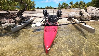 Ultimate Offshore Kayak Rig Twin Outboard Dual Outrigger Hobie Adventure Conversion Twin Suzukis [upl. by Nairdna]