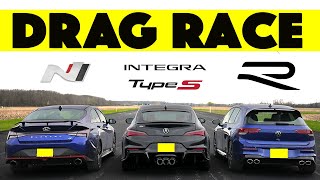 Adios Manuel 2024 VW Golf R vs Acura Integra Type S vs Hyundai Elantra N Drag and Roll Race [upl. by Drhacir]