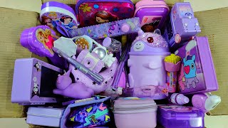 Box full of fancy purple stationery items LED pencil box pencil sharpener colour kit eraser pen [upl. by Uria]