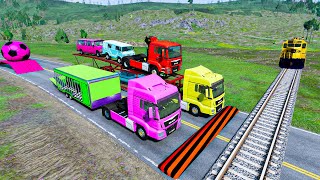 Double Flatbed Trailer Truck vs Speedbumps Train vs Cars  Tractor vs Train BeamngDrive 220 [upl. by Adalia]