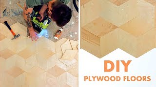 DIY PLYWOOD FLOORS  how to make and install geometric plywood floors [upl. by Retsbew]