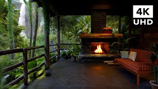 Cozy porch in the rainforest  Soothing sound of rain waterfall and crackling fire  8 Hours  4K [upl. by Akvir]