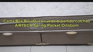 Cama Box baú queen Suede bipartido colchão de molas ensacadas AIRTECH Spring Pocket Ortobom cor bege [upl. by Aivatan]