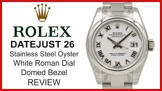 ▶ Rolex Datejust 26 White Roman Dial Stainless Steel Oyster REVIEW Domed Bezel  179160 [upl. by Sheffie]