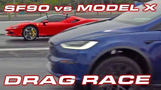 1000 HP BATTLE  SF90 vs MODEL X  Worlds Quickest Ferrari races the Tesla Model X Plaid [upl. by Laris]