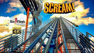 2024 Scream Floorless Roller Coaster On Ride Front Row 4K POV Six Flags Magic Mountain [upl. by Rugg]