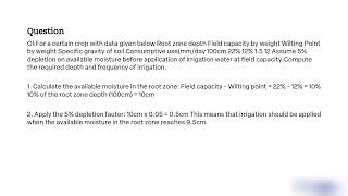 For a certain crop with data given below Root zone depth 100 cm Field capacity by weight 22 Wilting [upl. by Einuj]