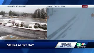 California Snow Impacts  I80 shut down for hours lower elevations get snowfall [upl. by Aihsekram]