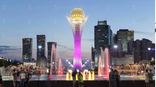 Bayterek Tower and fountain show at night timelapse Astana Kazakhstan [upl. by Eiramanin560]