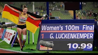 Gina Lückenkemper 🇩🇪 100 m Finale 🔥  Lichtshow amp quotOh wie ist das schönquot im Olympiastadion 160822 [upl. by Luz]