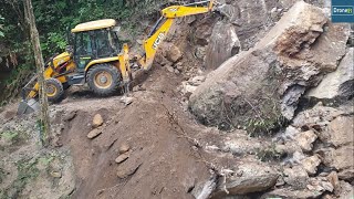 Unique StruggleBackhoe LoaderCutting and Rolling Huge RocksHilly Road Building [upl. by Ardith]