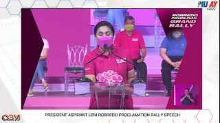 PRESIDENT ASPIRANT LENI ROBREDO PROCLAMATION RALLY SPEECH [upl. by Notniv212]