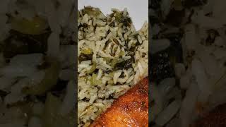 Callaloo seasoned rice served with baked Salmon 😋 dinnerideas salmo [upl. by Sinnaoi]