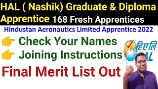 HAL Nashik Apprentice Final Merit List Out  Graduate amp Diploma Apprentices  Total 168 Posts [upl. by Lamrej849]