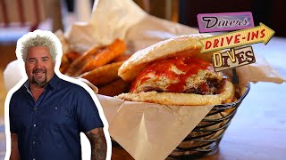 Guy Fieri Eats a Hangover Burger in Colorado Springs  Diners DriveIns and Dives  Food Network [upl. by Helbonnas]