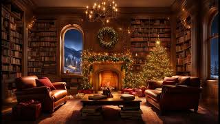 Cozy Christmas Library Fireplace Snow Mountains [upl. by Colyer]