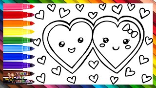 Draw and Color 2 Hearts in Love 💕🌈 Drawings for Kids [upl. by Alexina548]