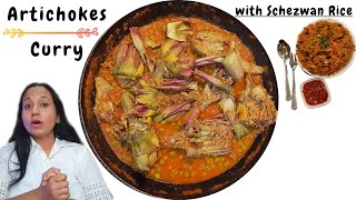 Artichokes Curry Indian Recipe with Schezwan rice  Gluten free Vegan Artichokes Recipe [upl. by Tessie602]