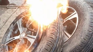 Car tire instantly inflating via FIRE method amazing skills 🔥🔥🔥 [upl. by Lenuahs131]