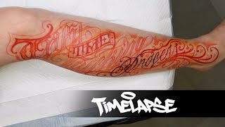 TATTOO COLLAB TIMELAPSE  FREEHAND LETTERING  JJ INK x SMALLS LETTERS [upl. by Anelrihs531]