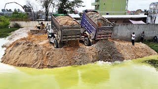 Excellent ​5TON Dump Trucks Loading And Dozer D31P KOMATSU Cutting Land into the Water [upl. by Eneja]