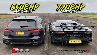 FAMILY CAR VS SUPER CAR 850BHP AUDI RS6 vs 770BHP AVENTADOR SVJ [upl. by Leland231]