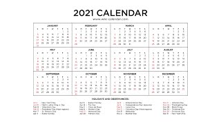 Free Printable Year 2021 Calendar with Holidays  Wiki Calendar [upl. by Eatnoj]