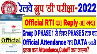 RRC GROUP D PHASE 1 से PHASE 5 तक का OFFICIAL ATTENDACE DATA जारी RTI REPLY आयाCUTOFF कम जाएगी क्या [upl. by Seessel]