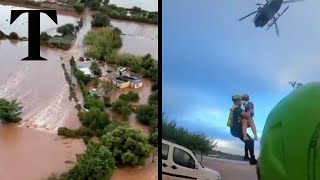 Helicopter rescues residents in floodhit Menorca [upl. by Ladew]