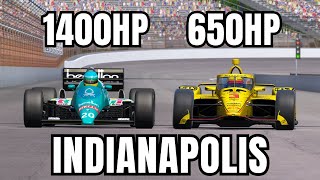 The MOST POWERFUL F1 CAR in History VS INDYCAR On The INDIANAPOLIS OVAL [upl. by Marva]