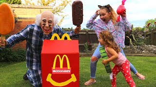 Greedy Grandpa takes McDonalds Kids Pretend Play Food Toys Ice Cream [upl. by Adlog946]