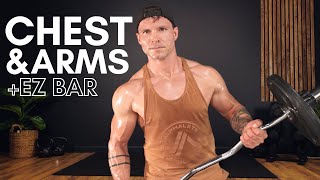 EZ BAR WORKOUT at HOME Chest Shoulders Biceps amp Triceps [upl. by Hayouqes]