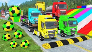 Double Flatbed Trailer Truck vs Speedbumps Train vs Cars  Tractor vs Train BeamngDrive 0153 [upl. by Tenner]