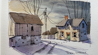 Draw and Paint a Farm at dusk Line and Wash watercolor tutorial Peter Sheeler [upl. by Notnirb]