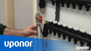 Installation uppfyllning och avluftning av Uponor Pro 1 QampE golvvärmefördelare i fördelarskåp [upl. by Beauregard345]