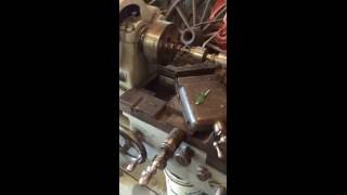 Old Metal Lathe driven by Hit and Miss Engine and flat belt line shaft [upl. by Willing189]