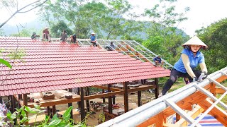 Roofing Tile Construction for Wooden Stilt House  Mechanic girl welds many interwoven iron bars [upl. by Igal]