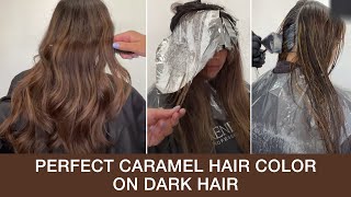 How To Create The Perfect Caramel Hair Color On Dark Hair  Foilayage Technique  Kenra Color [upl. by Micah]