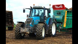 Epandage de fumier  3 épandeurs Deguillaume  JCB TM 310 Fendt 818 Bleu pétrole [upl. by Neelahs]