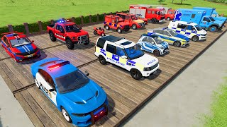 TRANSPORTING CARS AMBULANCE FIRE TRUCK POLICE CARS OF COLORS WITHTRUCKS  FARMING SIMULATOR 22 [upl. by Jemena]