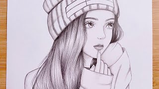 Easy step by step drawing tutorial  A girl wearing a winter hat  Pencil Sketch for beginners [upl. by Innes848]