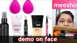 Primer Foundation Contour fixer eyeliner beautyblender combo from meesho  Demo on face [upl. by Hammerskjold736]