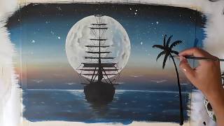 Como hacer un paisaje con pintura parte 1 Un anochecer con una luna y un barco [upl. by Helbonnas]